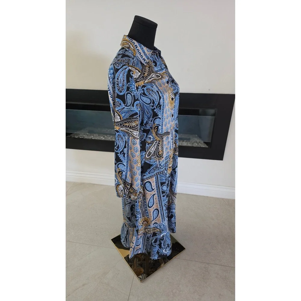 Jones NY Women Paisley Patchwork Ruffle Hem Shirt Dress Blue XS boho chic preppy